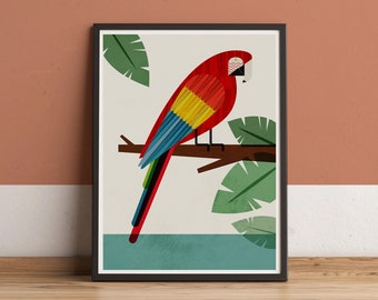 Scarlet Macaw century Mid modern wall art, Geometric bird, Tropical artwork for a Nordic home, Graphic retro wild life illustration Print