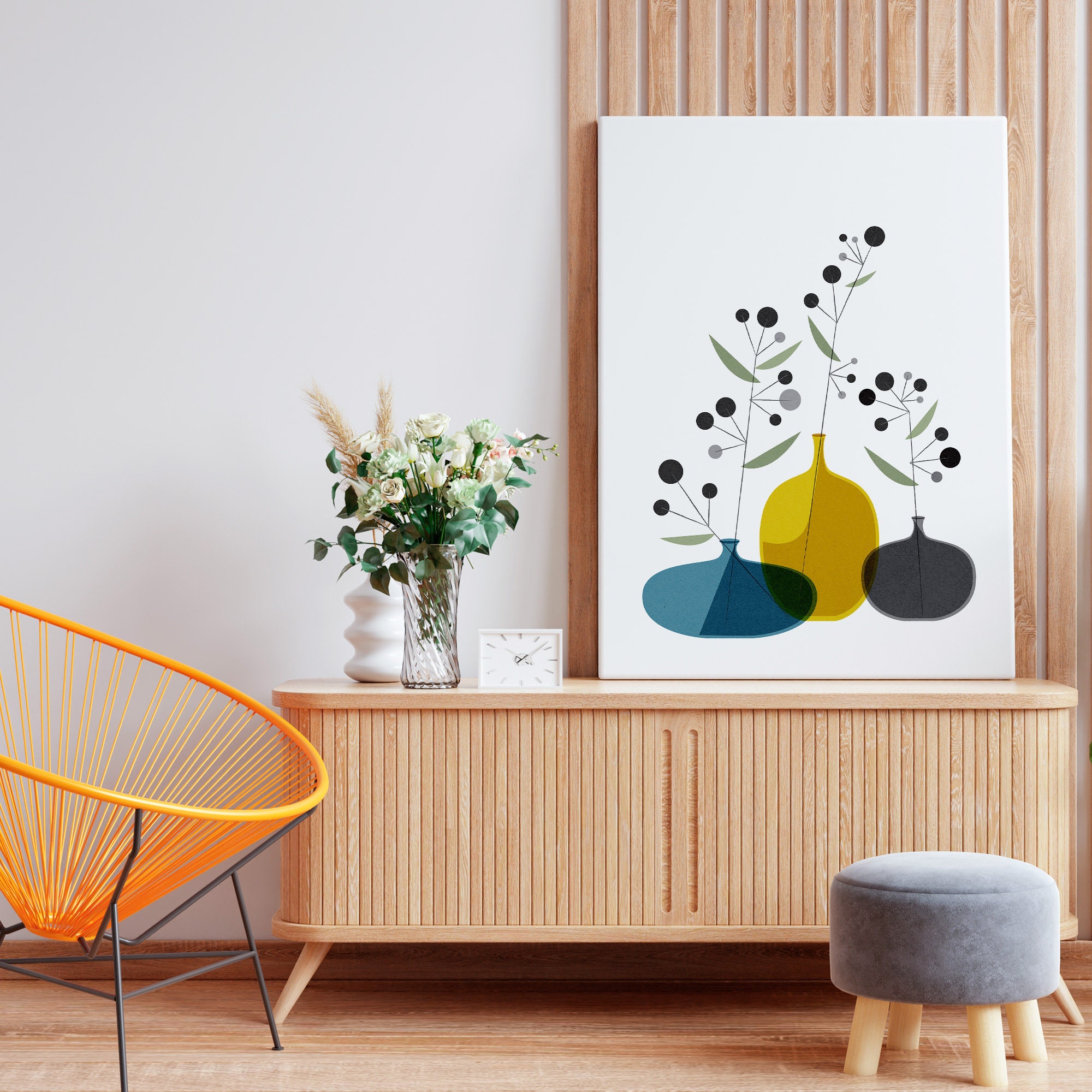 Mid Century Modern Vase Print: Geometric Flowers, Retro Nordic