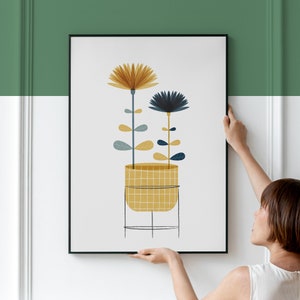 Mid century yellow and blue Nordic flower wall art, Retro modern floral print for a Scandinavian design home, Botanical illustration artwork image 1
