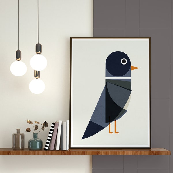 Mid century Pigeon bird Geometrische poster voor Nordic home decor, Graphic Bold grijze illustratie Print kunst aan de muur in een Scandinavische moderne stijl