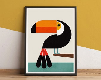 Toucan Mid century modern wall art, Stylised bird Geometric, tropical artwork for a Nordic home, Graphic retro wild life illustration Print