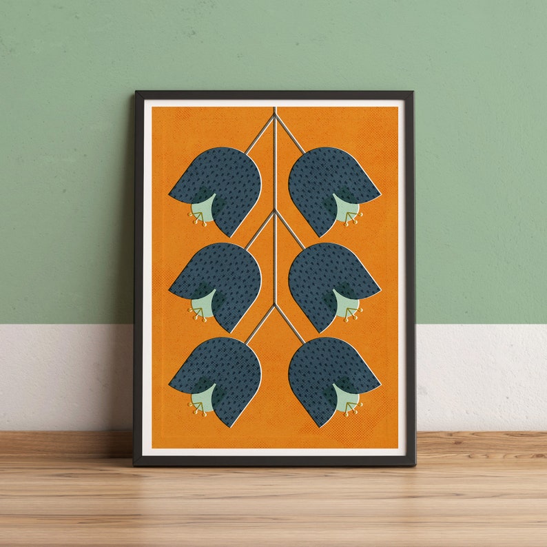 Mid Century Modern Blue Tulip Wall Art Retro Orange Etsy
