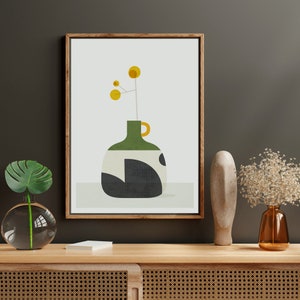 Póster de jarrón minimalista moderno de mediados de siglo con impresión de cerámica verde y gris, ilustración floral retro gráfica, arte de pared para un hogar de diseño nórdico