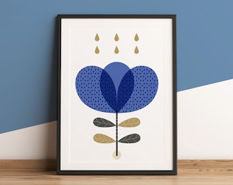 Mid century modern wall art, Bright blue flower print Retro Scandinavian, Minimalist graphic Floral illustration for a Nordic design home