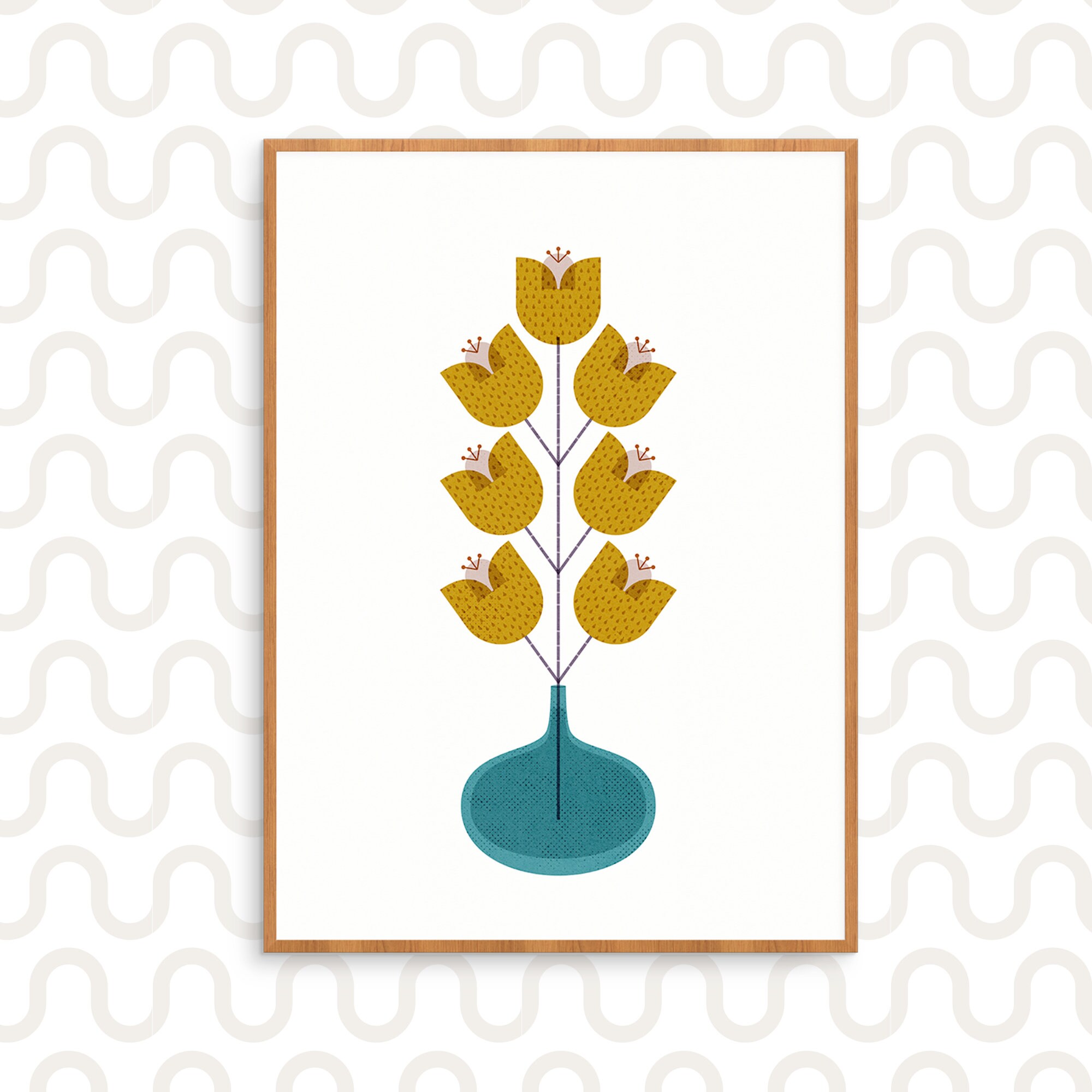Mustard Yellow Scandinavian Flowers in a Blue Mid Century - Etsy