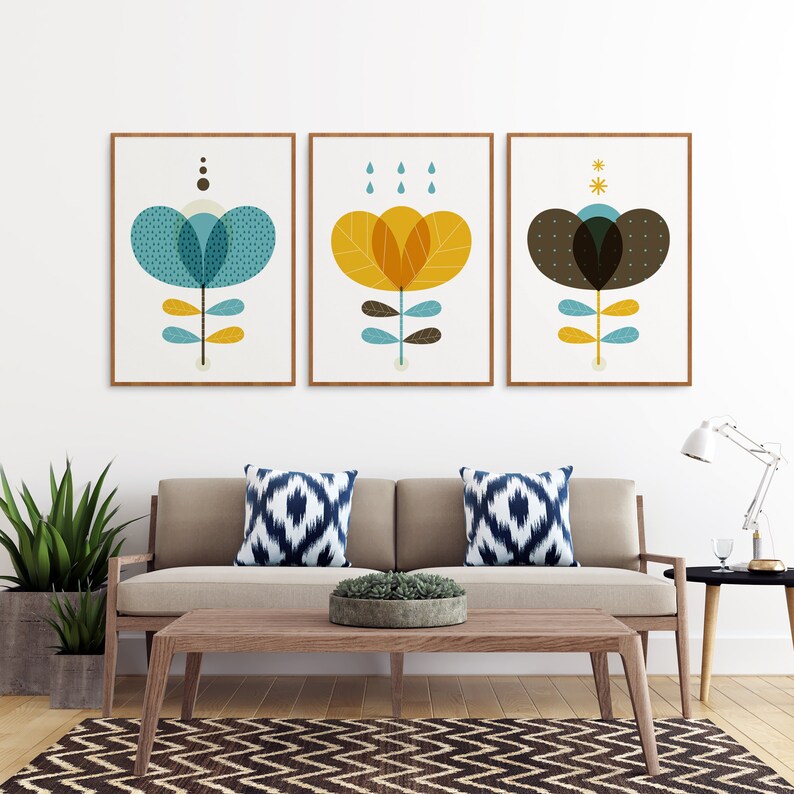 Scandinavian flower 3 piece wall art, Mid century modern floral decor in a turquoise mustard yellow and brown for a Nordic and Scandi home image 8