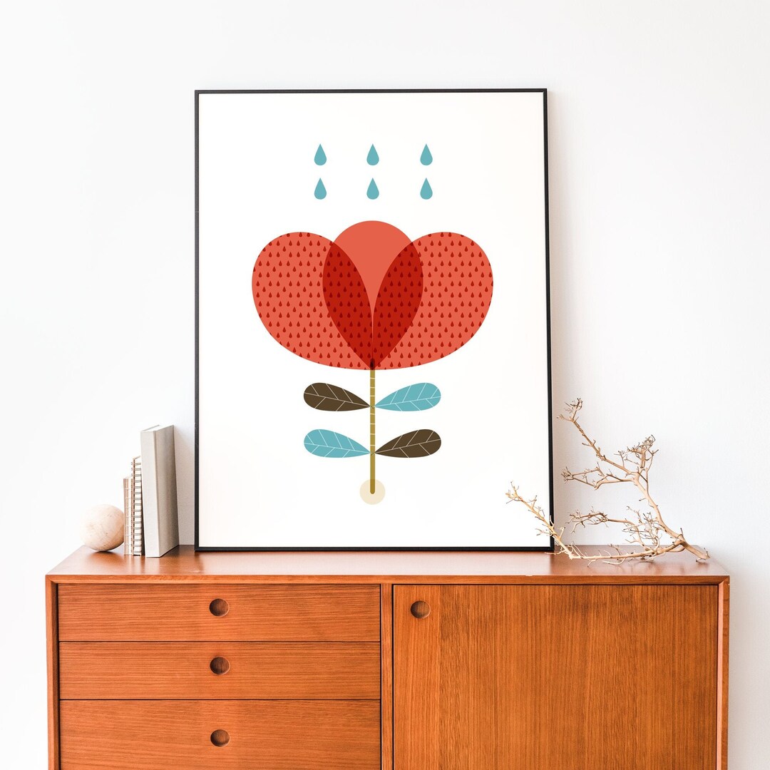 Poppy Mid Century Flowers Wall Art, Red and Turquoise Retro Flower for