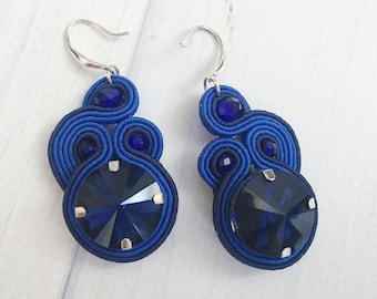 Royal blue earrings for bridal, navy blue earrings dangle, soutache earrings