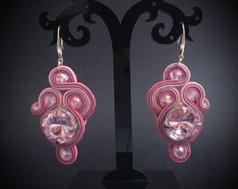 Pink medium earrings, soutache earrings dangle, crystal pink earrings