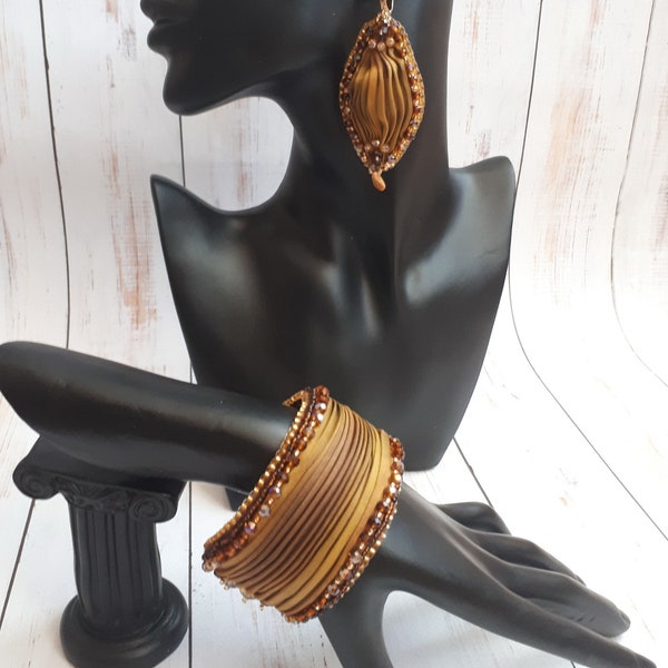 Silk Ribbon Jewelry set, Gold cuff Bracelet, golden erarings