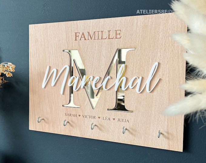 Custom key holder wall, Family key holder for wall with names engraved, personalized wood key wall key holder