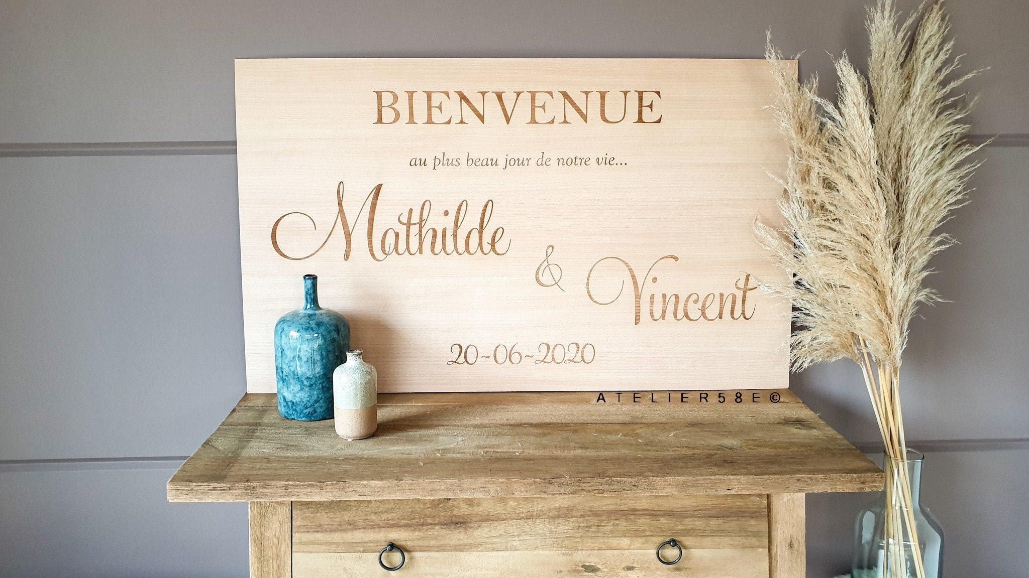 Panneau de bienvenue pour mariage champetre en bois personnalisé 90x60