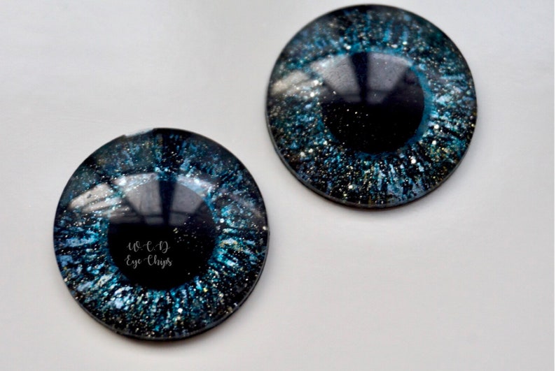Blythe Doll Handpainted Blue Purple Gold Black Glitter Metallic Eyechips 14mm