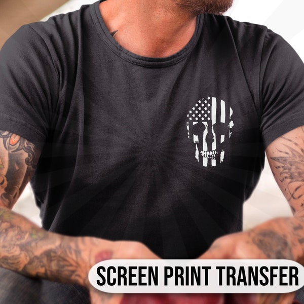 Ready To Press Transfer| White Skull Screen Print Transfer| Plastisol Transfer| Second Amendment| Shirt Transfers| Patriotic Transfers