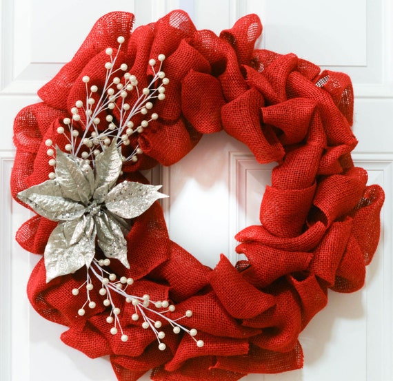 Poinsettia Burlap Wreath Winter Burlap Wreath Poinsettia Wreath Christmas Burlap Wreath with Gold Poinsettia and Gold and White Berries