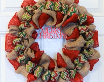 Christmas Burlap Wreath - Winter Wreath, Christmas Chevron Burlap Wreath, Merry Christmas Wreath, wreath for door, holiday burlap wreath