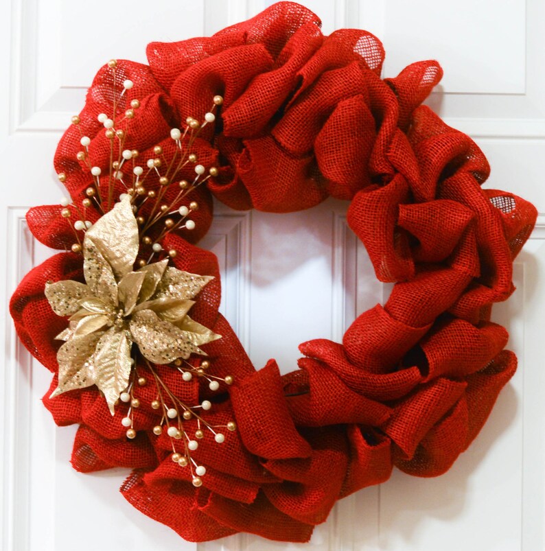 Poinsettia Burlap Wreath Winter Burlap Wreath Poinsettia Wreath Christmas Burlap Wreath with Gold Poinsettia and Gold and White Berries