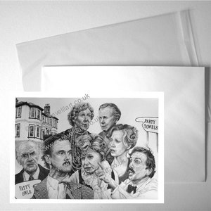 May include: Black and white drawing of a group of people, including a man with a moustache and a woman wearing a hat. The drawing is titled "Party Owls" and "Party Towels".