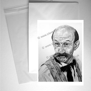 May include: Black and white pencil drawing of a man with a moustache and a bow tie. The drawing is on a white background with the website address "www.steveart.co.uk" printed in the top right corner.