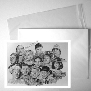 May include: A black and white pencil drawing of a group of people, including a police officer, a woman with a crown, and a man with a moustache. The drawing is on a white background.