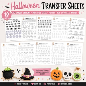 May include: Ten sheets of Halloween transfer designs featuring black and white line art of spiders, pumpkins, skulls, ghosts, witch hats, boots, cats, cauldrons, candy corn, and potions, accompanied by six decorated cookies in matching shapes.