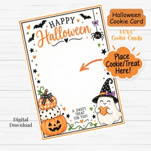 May include: A rectangular Halloween cookie card measuring 8.9 cm by 12.7 cm. The card features a white centre with an orange border, decorated with bats, a spider, a stack of three pumpkins, and a ghost wearing a witch hat holding a heart.