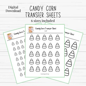 Puede incluir: Descarga digital de hojas de transferencia Candy Corn con 6 tamaños incluidos. Las hojas presentan ilustraciones de línea negra de dulces de maíz en una cuadrícula, con un pequeño gráfico de frasco y el texto Candy Corn Transfer Sheet.
