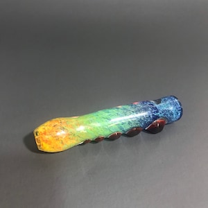 Rainbow Pipe Chillum, Hand Blown Glass, red dots