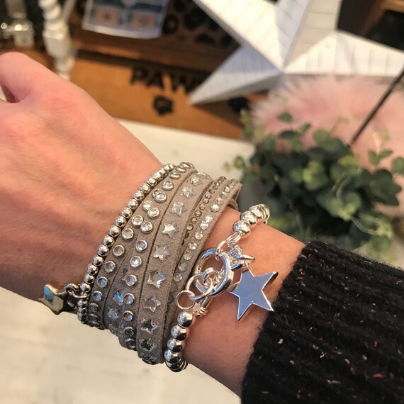 Soft Grey Wrap Bracelet With Star Diamonds and Button Close