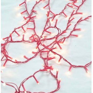 May include: Close-up of a string of red fairy lights with small, bright white bulbs. The lights are arranged in a tangled pattern against a white background, creating a festive and decorative display.