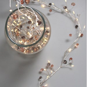 May include: Silver wire fairy lights with clear and brown glass beads. The lights are strung around a glass vase.