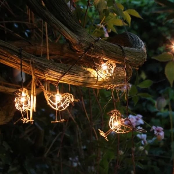 Garden light string of 10 mini hanging robins  - battery or solar powered - boxed gift bird, garden gift light up robin LED garden present