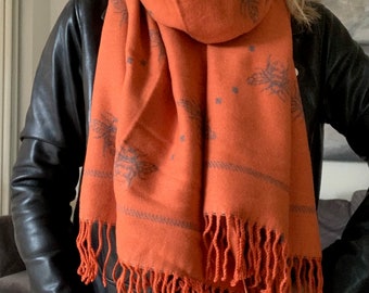 Cashmere blend reversible bee scarf - orange bee super soft scarf