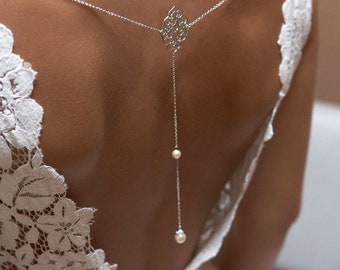 Bijou de robe, Eliott, Collier de dos mariée, bijoux  a coudre dur la robe, Bijoux mariée, perle, bijou robe dos nue, bijoux argenté, France