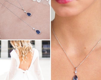 Back necklace, blue bridal back necklace and jewel, blue bridal back pendant, blue wedding jewelry, romantic bridal jewelry