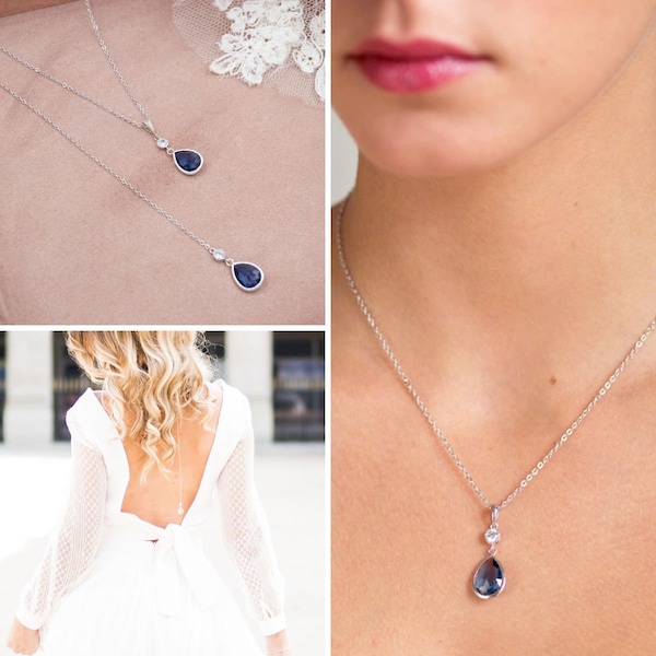 Collier de dos , collier et bijou de dos mariée bleu, pendentif de dos mariée bleu , Bijoux mariage bleu, bijoux mariée romantique