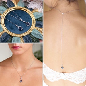 Collier de dos , collier et bijou de dos mariée bleu, pendentif de dos mariée bleu , Bijoux mariage bleu, bijoux mariée romantique afbeelding 2