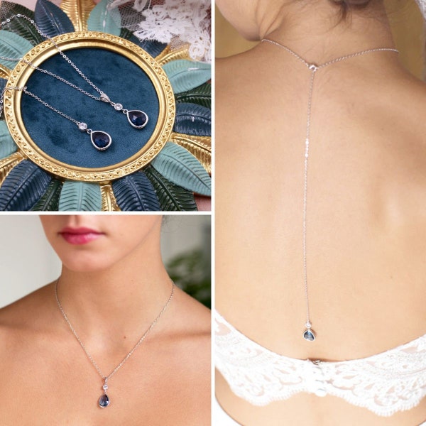 Collier de dos , collier et bijou de dos mariée bleu, pendentif de dos mariée bleu , Bijoux mariage bleu, bijoux mariée romantique