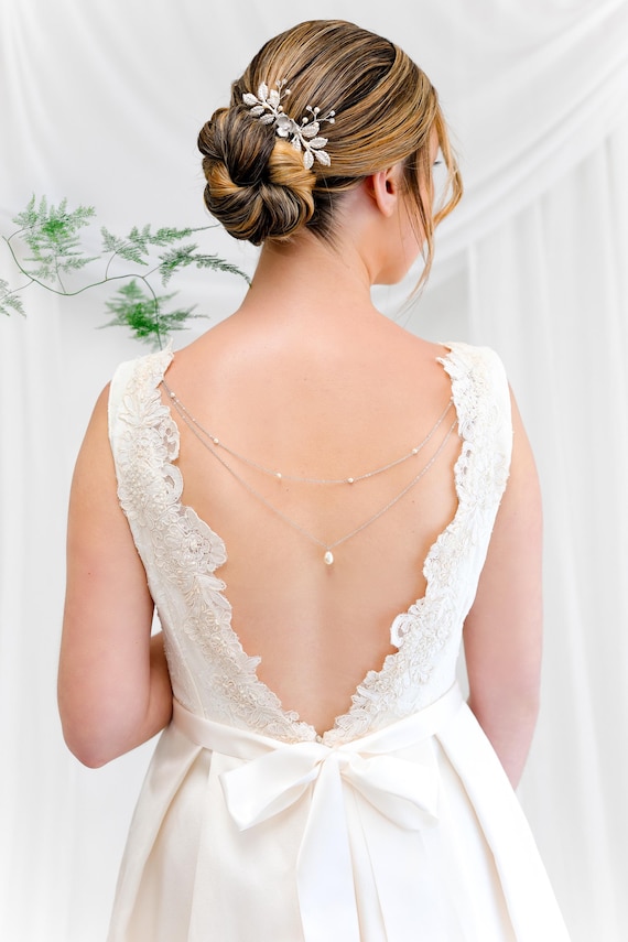 Bridal back necklace, dress jewelry to sew, Leandra dress jewelry, back jewelry, Bridal jewelry, drop back jewelry.