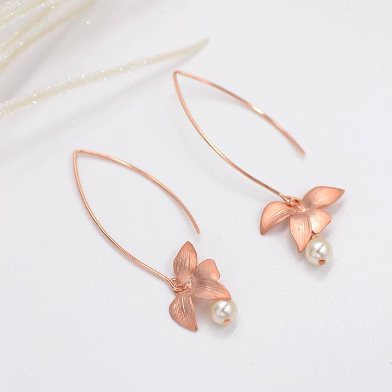Bridal earrings christmas gift Rose Gold bridal earrings Pearl and orchid earrings long dangle flower earrings silver flower earrings