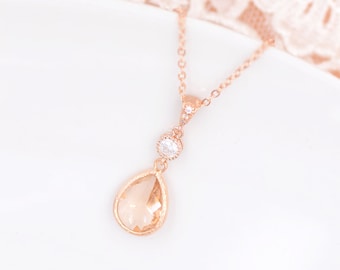 Rose gold peach drop bridal necklace. Anaïs, rose gold bridal necklace.