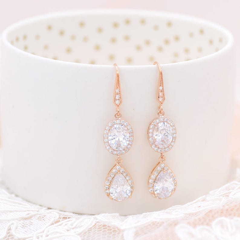 Bridal dangling drop earrings with bridal rhinestones. Betane, long boho chic bridal earrings. image 3