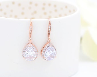 Pink gold bridal earrings, Soloist, Hanging earrings for bride with rhinestones and gout.