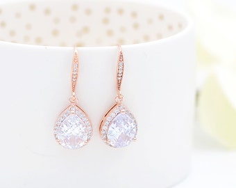 Boucles d'oreilles mariée rose gold, Soliste, Boucles D'oreilles pendantes pour mariée avec strass et goutte.