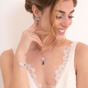 Blue bridal necklace, Euridice a pretty blue silver or gold flower bridal necklace.