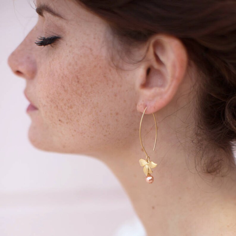 Bridal earrings christmas gift Rose Gold bridal earrings Pearl and orchid earrings long dangle flower earrings silver flower earrings