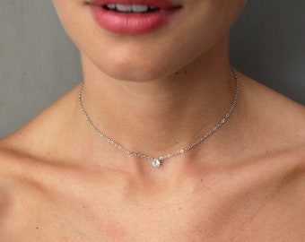 Minimalist rhinestone solitaire bridal necklace. Aline necklace, silver solitary bridal pendant.