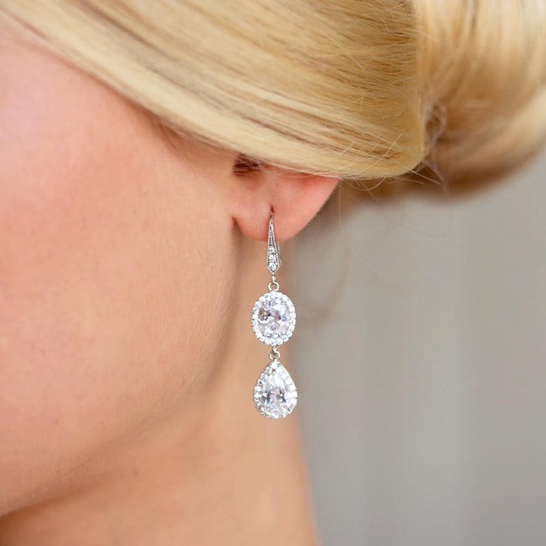 Bridal dangling drop earrings with bridal rhinestones. Betane, long boho chic bridal earrings. image 5