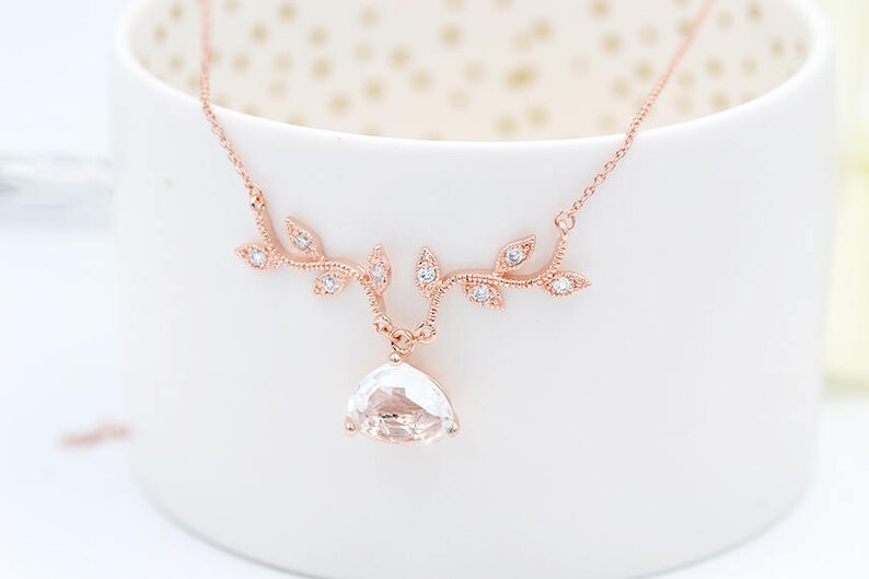 romantic bride Cubic Zirconia Vine And Teardrop Rose GOLD Bridal Necklace CZ Vine Bridal Necklace With Teardrop Pendant Bridal Necklace