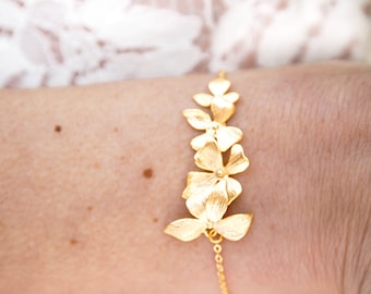 Orchid bridal bracelet, Synthia, Gold floral wedding bracelet, Rose Gold, Bohemian flower bridal bracelet